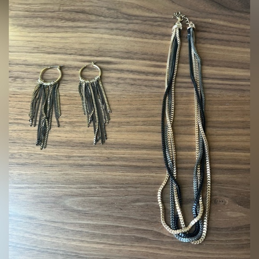 Vintage Y2K 00s Oversized Tricolor Chain Necklace Fringe Earrings Set Boho B3